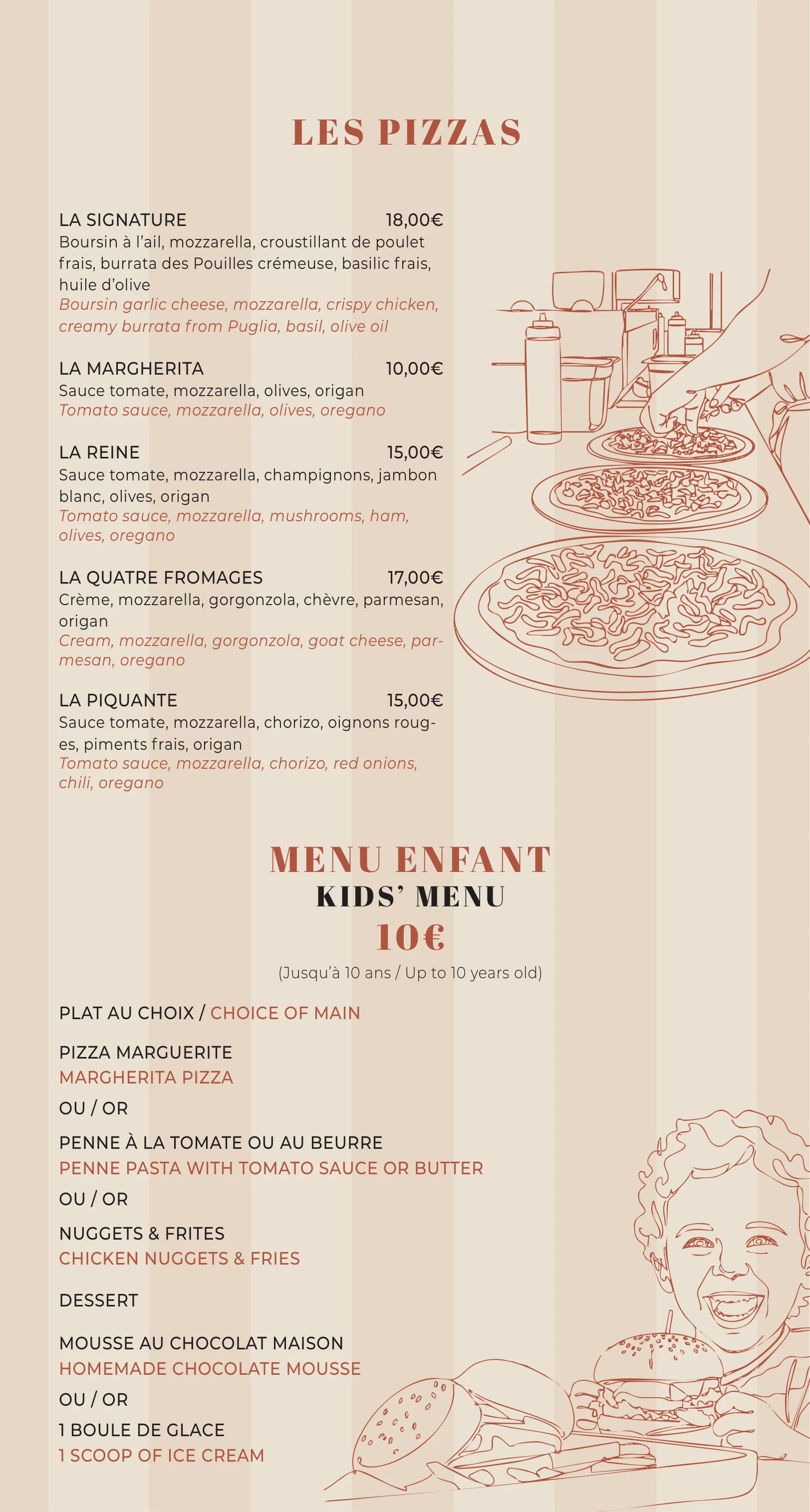 Carte — Les pizzas et le menu enfant
